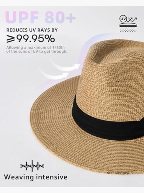 Wide Brim Straw Fedora Hat UPF 50+ Summer Beach Sun Hat Packable Foldable main image 6